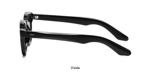 Detaillierte Seitenansicht der schwarzen runden Sonnenbrille mit verstärkten Metallscharnieren