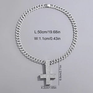 Detailed view of hip hop cross pendant with paved stones and dimensions measurement