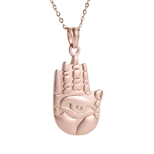 Rose gold Hamsa Hand pendant necklace in polished stainless steel on white background