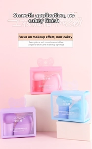 Three sets of colorful mushroom and olive makeup sponges in clear bow-tie gift boxes