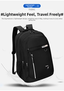 Mochila negra ligera de 0,78kg para portátil con detalles de tela y bolsillo lateral de malla