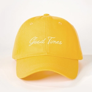 Detailed front view of a yellow cotton baseball cap with Good Times embroidery