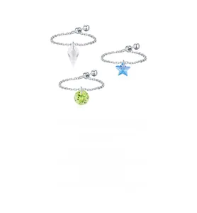 Detailed view of S925 silver chain rings with geometric crystal pendants in multi-color