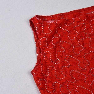 Detail of red lace fabric featuring shimmering silver sequins on a designer evening dress