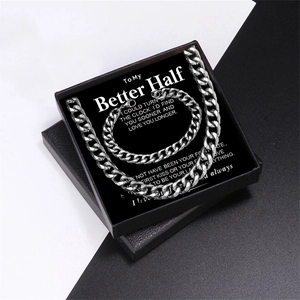 Silver men's Cuban link necklace and bracelet set in a black gift box with card