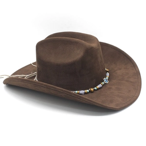 Detailed macro of brown faux suede cowboy hat featuring colorful beaded trim band
