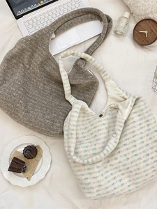 Furry tote bags in dark grey and rainbow dot patterns for autumn casual shoulder wear