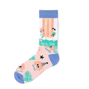 Detail of Hello July summer beach pattern socks with seashells and palm leaves motifs