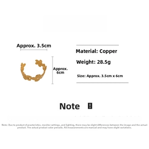 Detail view of gold floral copper cuff bracelet with dimensions 3.5cm width and 6cm height