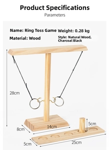 Detailed wood ring toss game parameters showing T-shaped hook stand and scoring board