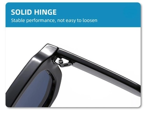 Macro shot of the solid metal hinge on classic square thick frame sunglasses