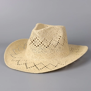 Close-up of a woven straw cowboy hat featuring breathable hollow-out texture and wide brim