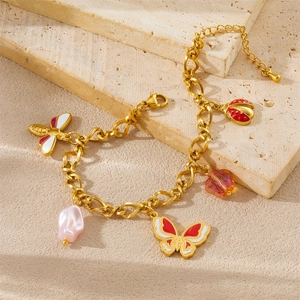Gold charm bracelet with enamel bee, butterfly, ladybug pendants and pink pearls