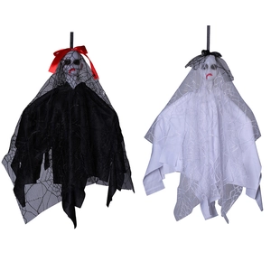 Detailed view of Halloween ghost hanging decor with lace fabric and skull heads