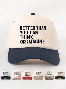 Detail view of cotton baseball cap with embroidered Better Than slogan and color block design