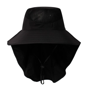 Detail view of the black breathable mesh crown and adjustable chin strap on sun hat