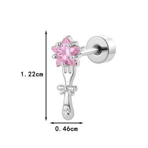 Silver barbell earring with pink star gemstone and bow design, 1.22cm length