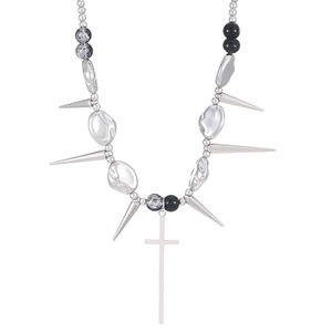 Dark punk Y2K necklace with silver cross pendant, rivets, and irregular metallic beads