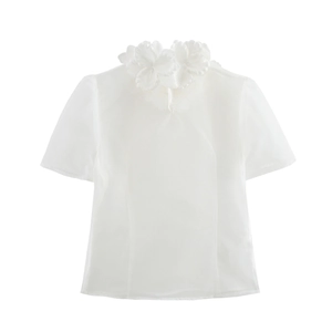 Elegant white organza blouse with 3D floral ruffles and short sleeves on a white background