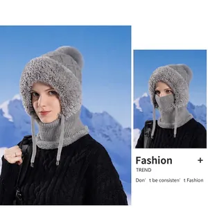 Grey winter fleece-lined knitted hat with faux fur trim and integrated neck warmer scarf