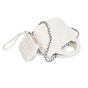 White hand-woven leather crossbody bucket bag set with elegant metal chain strap