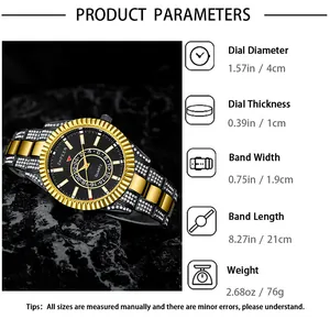 Detailed size chart for men's quartz watch with steel band and rhinestone accents