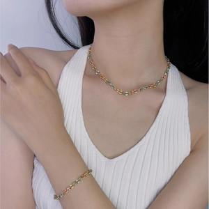 Luxurious bohemian colorful candy glaze titanium steel necklace and bracelet set