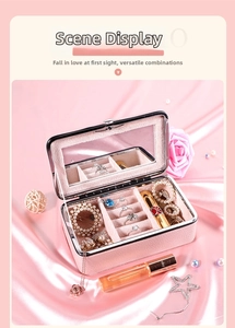 Rosa Schmuckkästchen aus PU-Leder mit Spiegel, Ringschlitzen und Fach für Lippenstifte