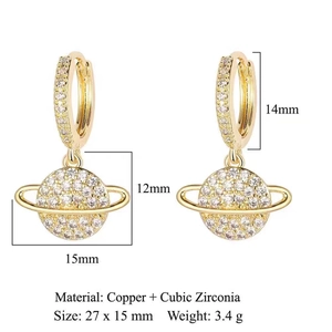 Detailed size chart of Saturn planet drop earrings with cubic zirconia and dimensions