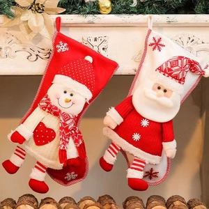 Christmas Stocking Gift Bag Knitted Plush 3D Santa Claus Snowman Snowflake Embroidery Festive Holiday Home Decor