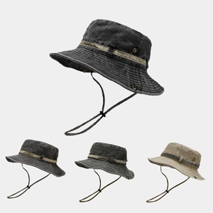 Washed Cotton Canvas Bucket Hat Adjustable Windproof Drawstring Vintage Outdoor Sun Protection Wide Brim Retro Fishing Cap