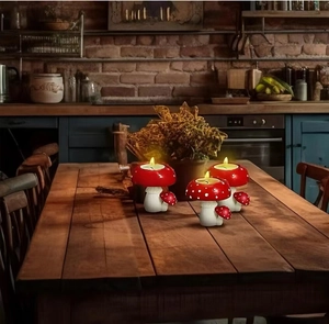 Tre portacandele a forma di fungo rosso su un tavolo in legno in una cucina rustica
