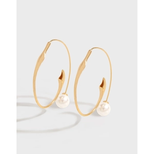 925 Sterling Silver Hoop Earrings With White Artificial Pearl Irregular Round Gold Plated Minimalist Large Elegant Jewelry For Women