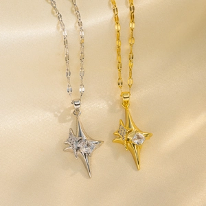 Zircon Four Pointed Star Cross Pendant Necklace Titanium Steel Dainty Minimalist Jewelry For Women Elegant Gold Silver