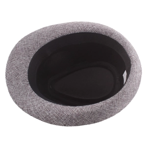 Internal detail of a gray linen trilby hat featuring a sweatband and soft inner lining