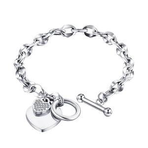 Silver OT toggle bracelet in stainless steel with double heart charms and pavé detail