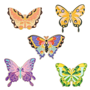 Five colorful butterfly enamel pins set in orange, yellow, blue and purple alloy design