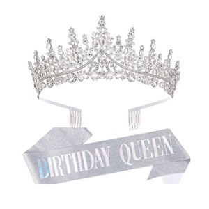 Detailed view of silver glitter Birthday Queen sash and rhinestone tiara set for parties