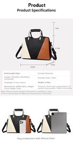 Detailed internal structure of color-block tote bag with 28cm width and size parameters