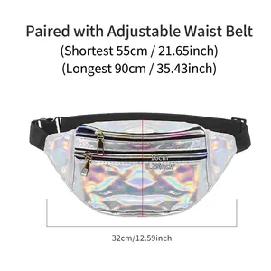 Holographic laser fanny pack with adjustable strap and waterproof silver PU finish