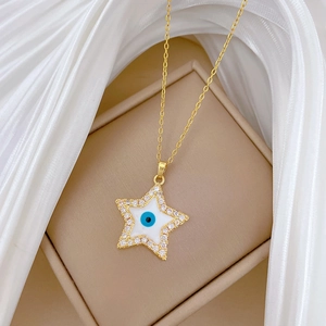 Elegant gold titanium steel necklace with evil eye star pendant and white silk background