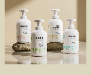 Four 500ml MPET cat shampoos for specific breeds on natural stone pedestals