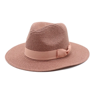 Breathable pink-brown straw fedora hat with elegant silk ribbon and bow for women