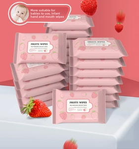 Macro detail of portable strawberry baby wipes pack containing vitamin C essence and ten pieces