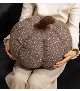 Floral pumpkin plush pillow with textured stem held in a cozy home setting