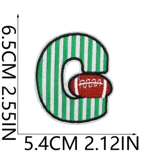 Detail of embroidered letter C patch with football icon and dimension markings