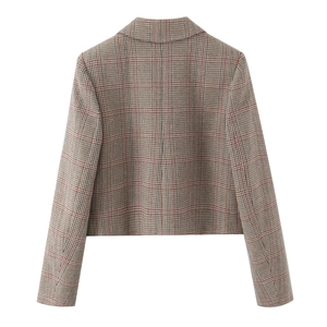 Back view of women's houndstooth cropped blazer in brown and tan plaid fashion