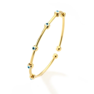 Brazalete ajustable bañado en oro con cinco dijes de ojo turco azul para mujer
