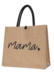 Eco-friendly jute tote bag with Mama print and black handles for daily use