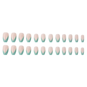 Faux ongles V-cut french en nude et vert turquoise, kit complet de 24 pièces